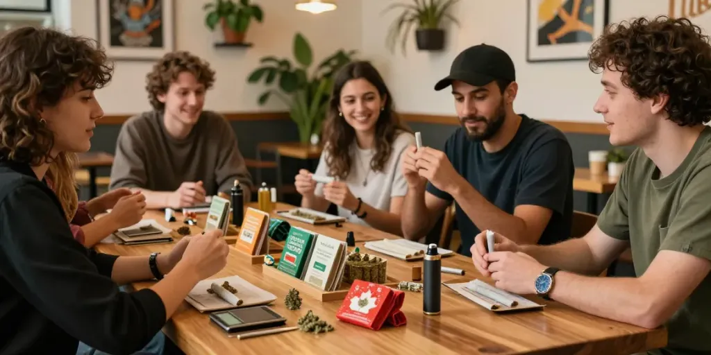 Group of friends enjoying the best hash Canada has to offer in a cozy café.
