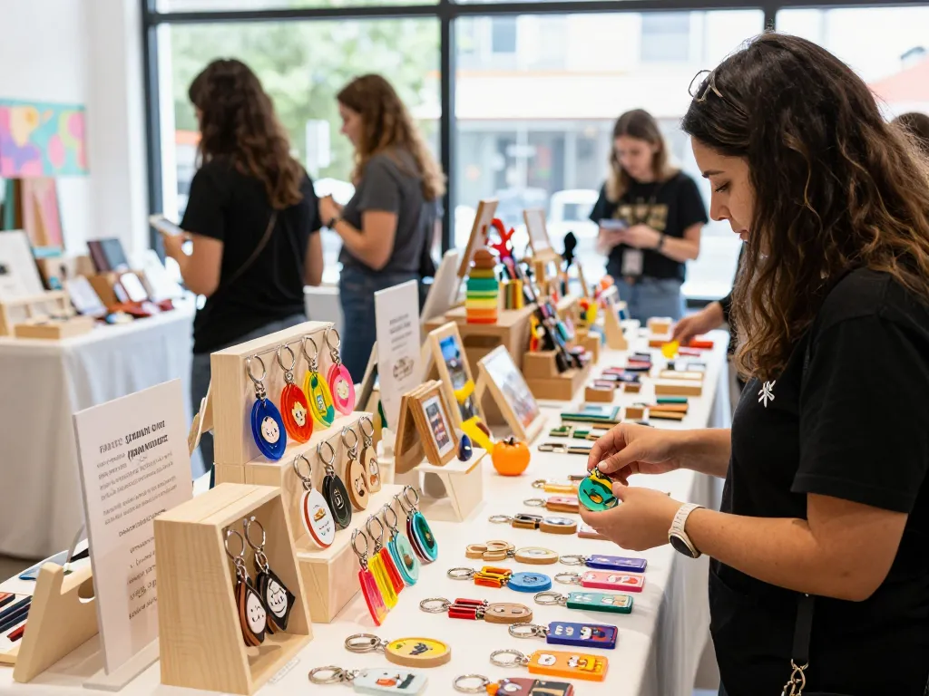 Customized keychains displayed in a lively e-commerce setting, showcasing creativity and variety.