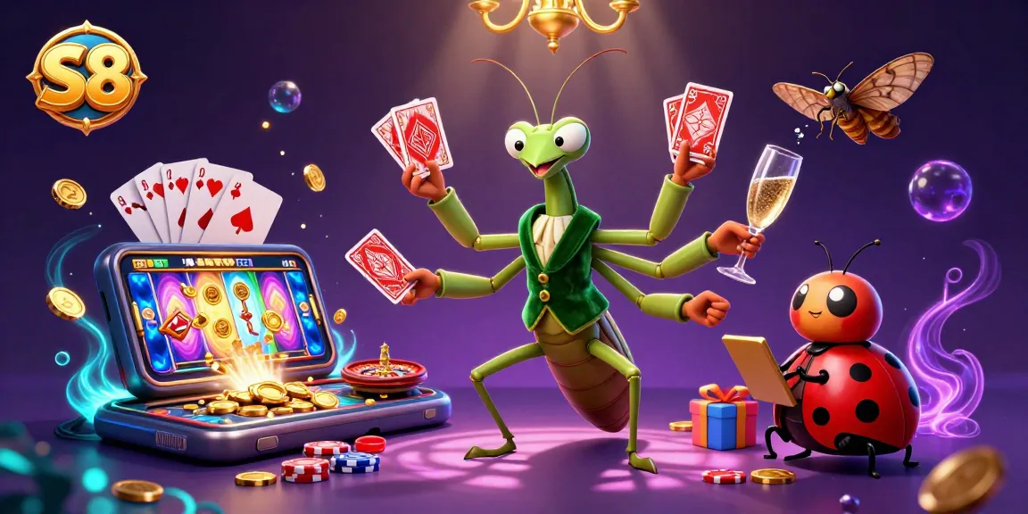 S8 card sharp giant mantis pouring champagne while engaging players in excitement