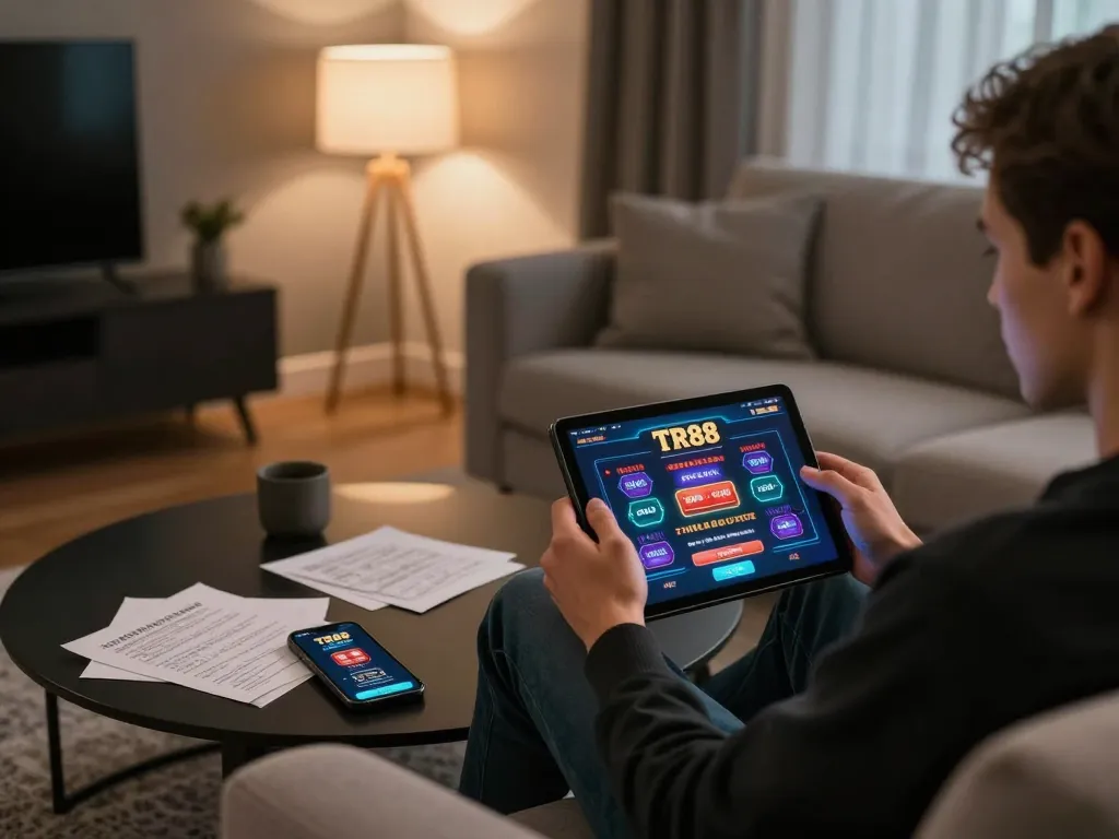 Player enjoying online games at TR88it casino app on tablet with strategic notes in view.