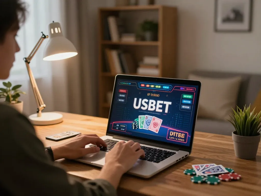 Player enjoying USBET gaming on a laptop, showcasing strategic online gambling.