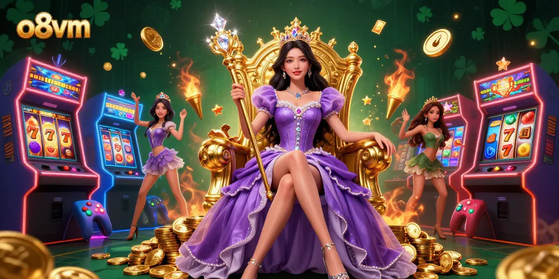 Play exciting jackpots at o8vm with a stunning royal casino princess surrounded by vibrant game elements.