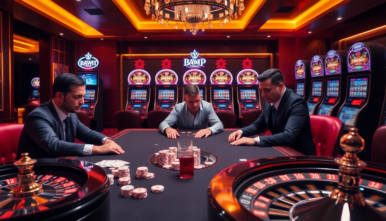 Bayvip players strategizing at an upscale poker table in a luxurious casino setting.