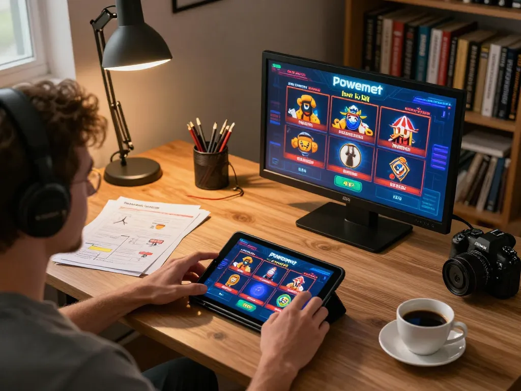 Player engaging with powernet slot game on tablet, comfortable home setup with strategy notes.