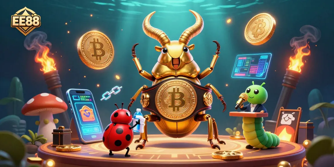 Engage with EE88 through a vibrant casino illustration showcasing a golden stag beetle and crypto elements.
