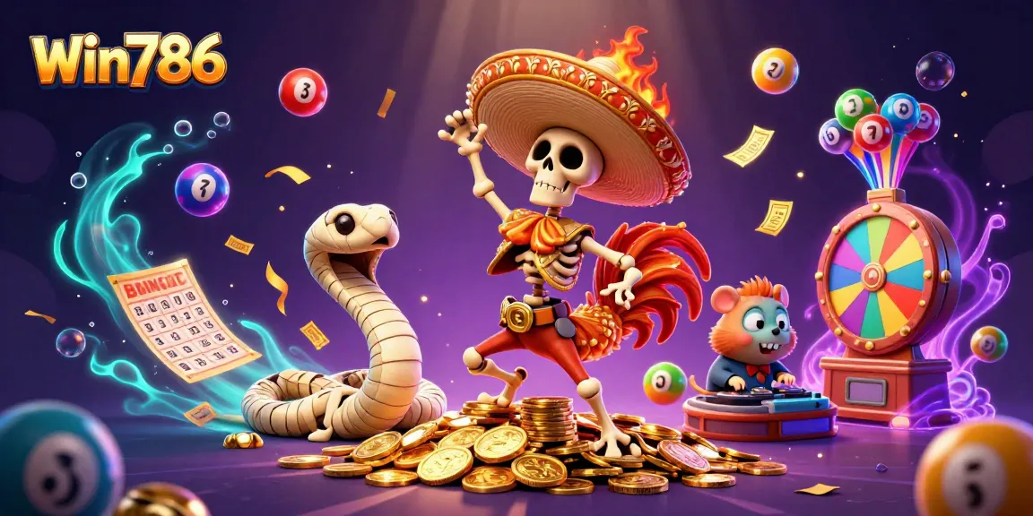 Win786 features a vibrant 3D casino scene with a dancing rooster, colorful lottery elements, and festive energy.