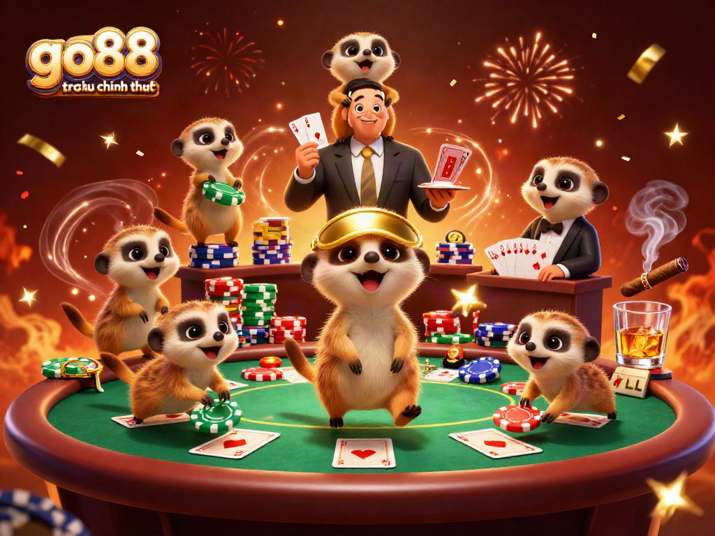Engage with go88 trang chu chinh thuc in an exciting casino scene featuring meerkats playing poker.
