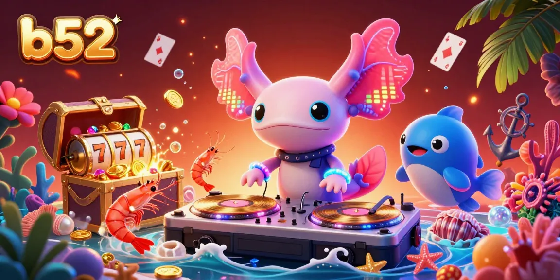 b52 showcases a vibrant underwater casino scene with a neon axolotl DJ spinning captivating slots.