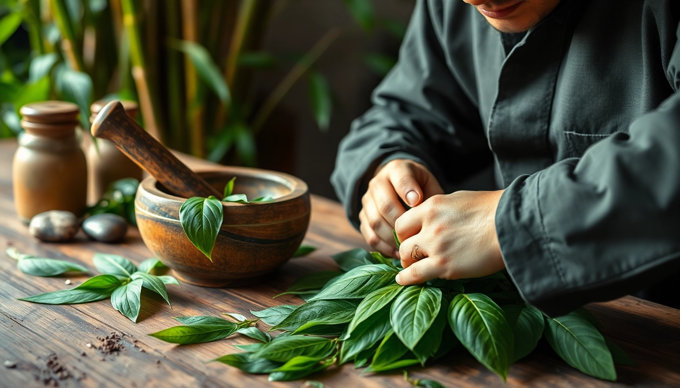Kratom leaves being prepared by a herbalist showcasing their natural texture and vibrant color.
