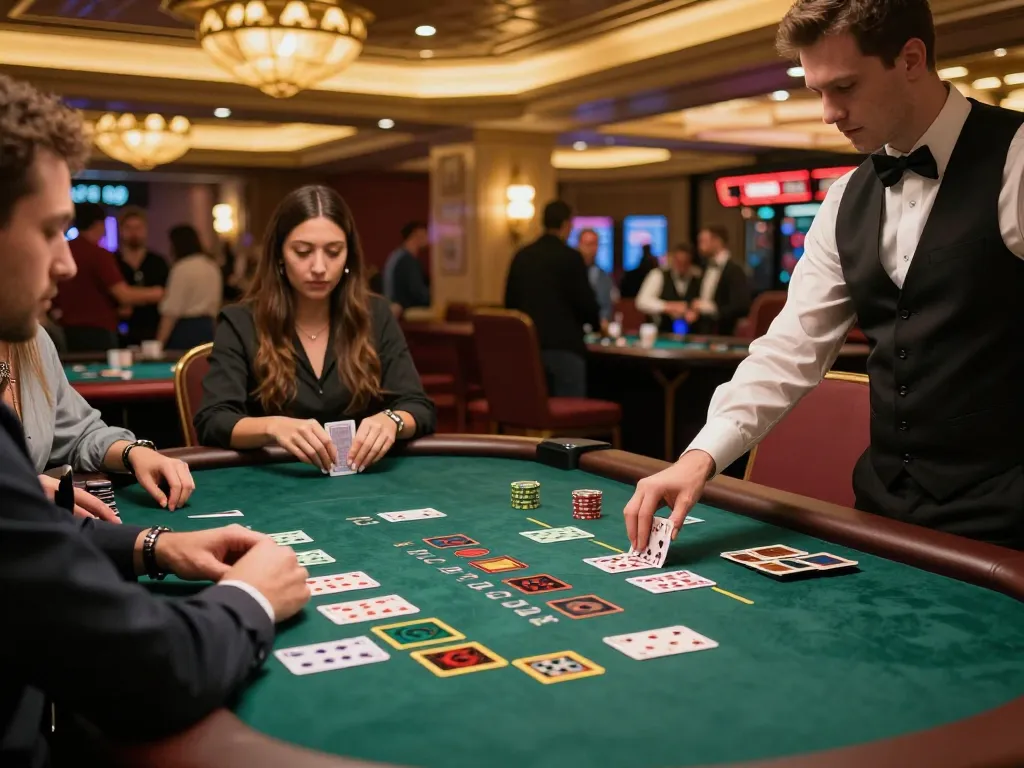 Players at a blackjack table strategizing bets at https://s8inc.com/ with vibrant casino atmosphere.