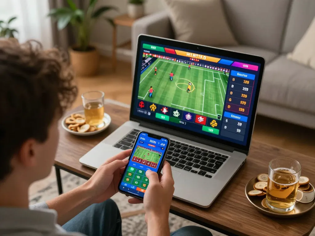 L567 player actively engaging in sports betting through a mobile app from a cozy home setting.