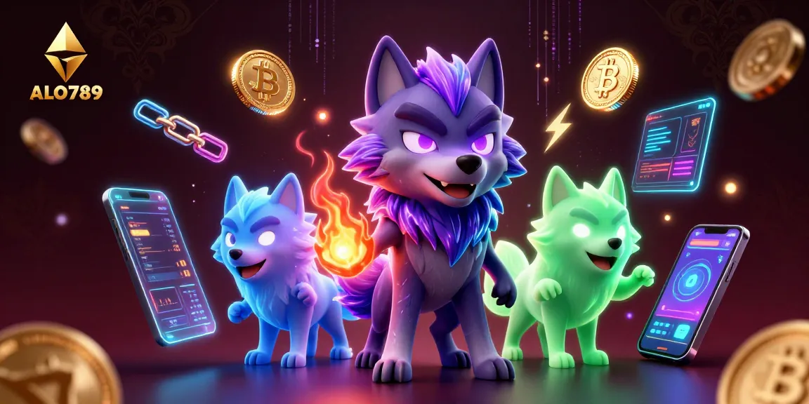 Engage with ALO789's vibrant 3D gaming scene showcasing crypto coins and ghostly wolves.