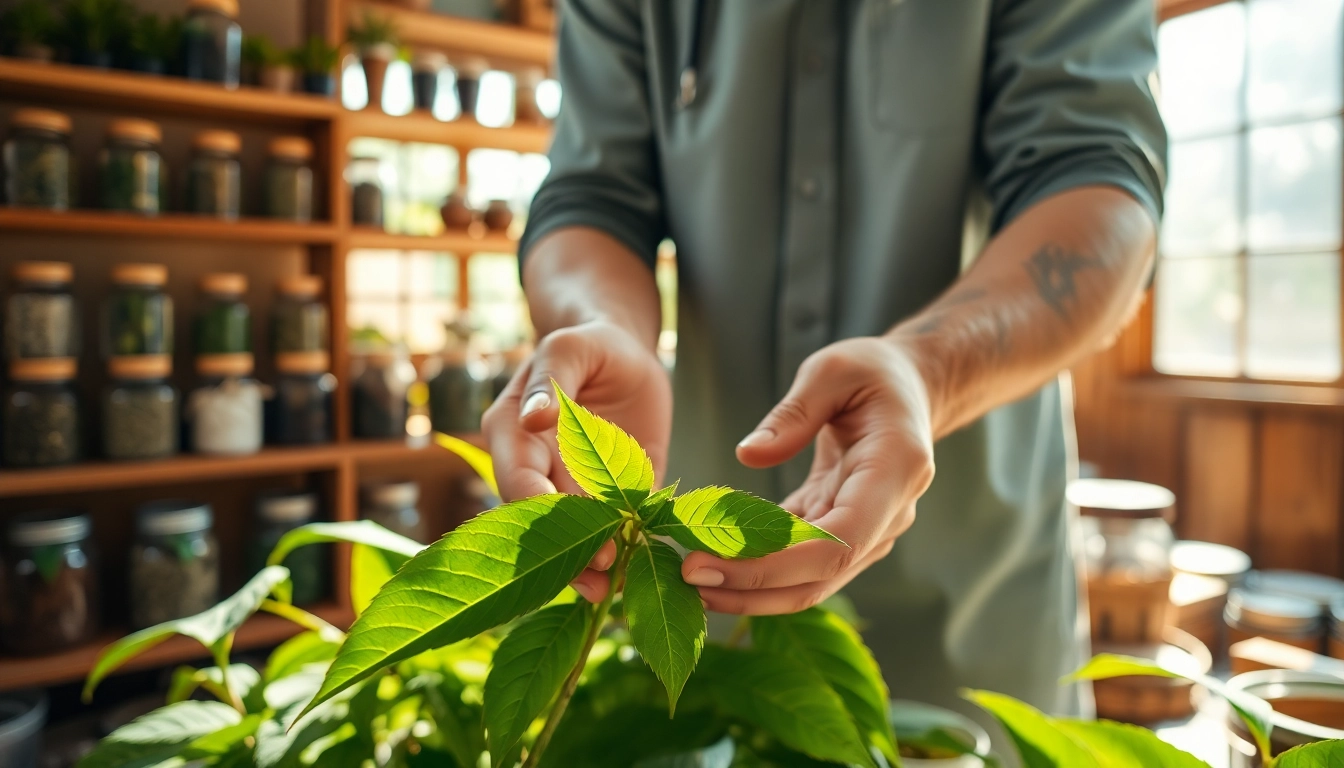 Kratom leaves displayed by an herbalist in a sunlit workshop, showcasing natural beauty and care.