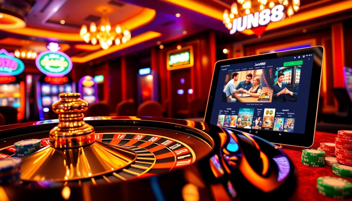 Exciting gameplay at Jun88 casino with roulette wheel and poker chips.