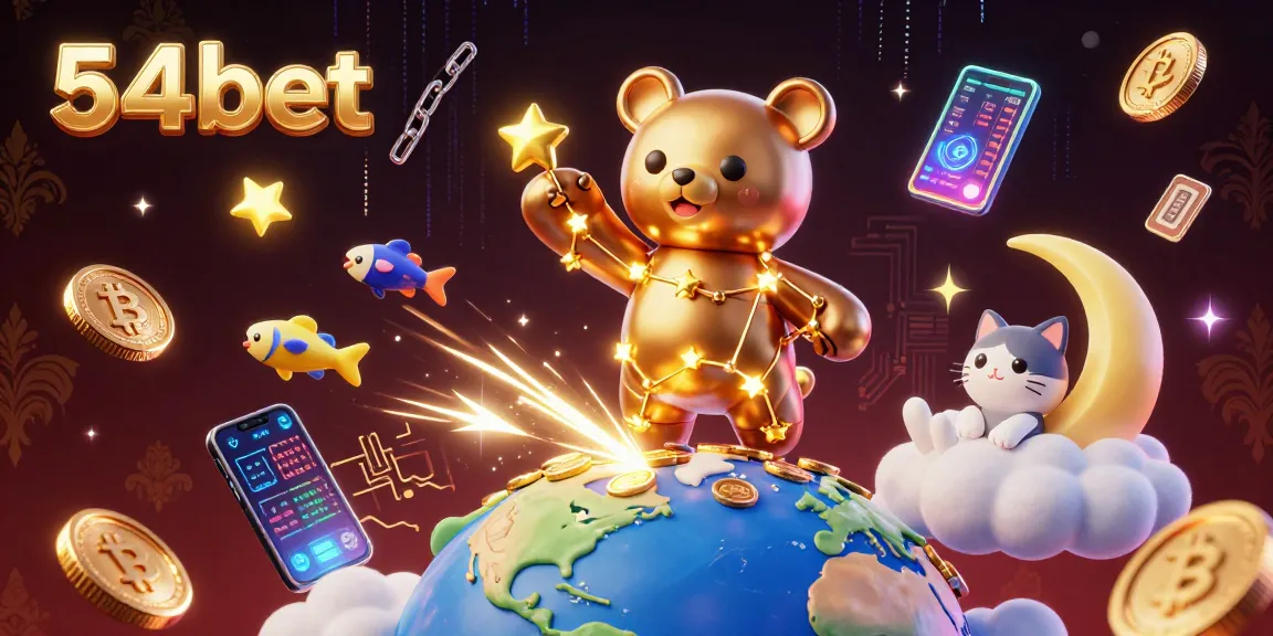 Gamblers experience the thrill of 54bet with a constellation bear scoping coins in a cosmic casino.