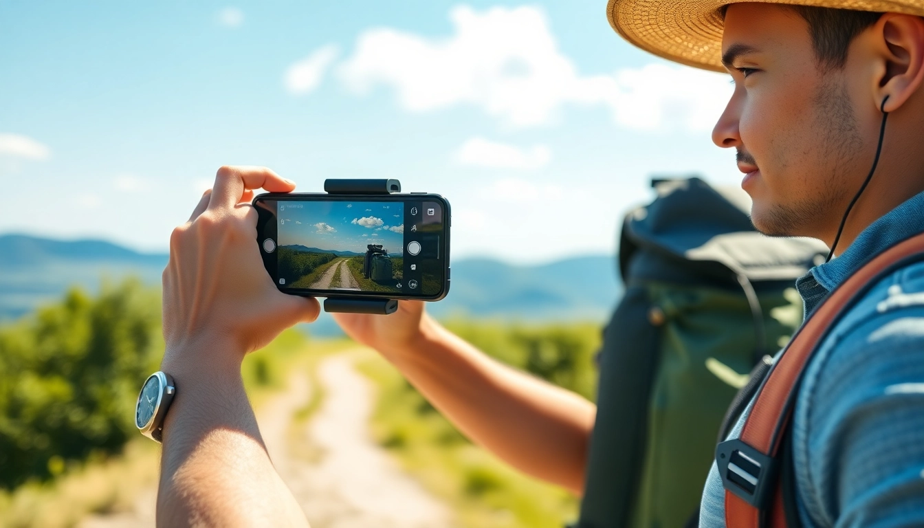 Capturing video with a phone gimbal in a scenic outdoor setting.