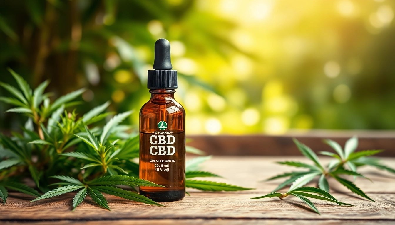 Showcasing Organic CBD oil in a serene setting with hemp leaves for natural health benefits.