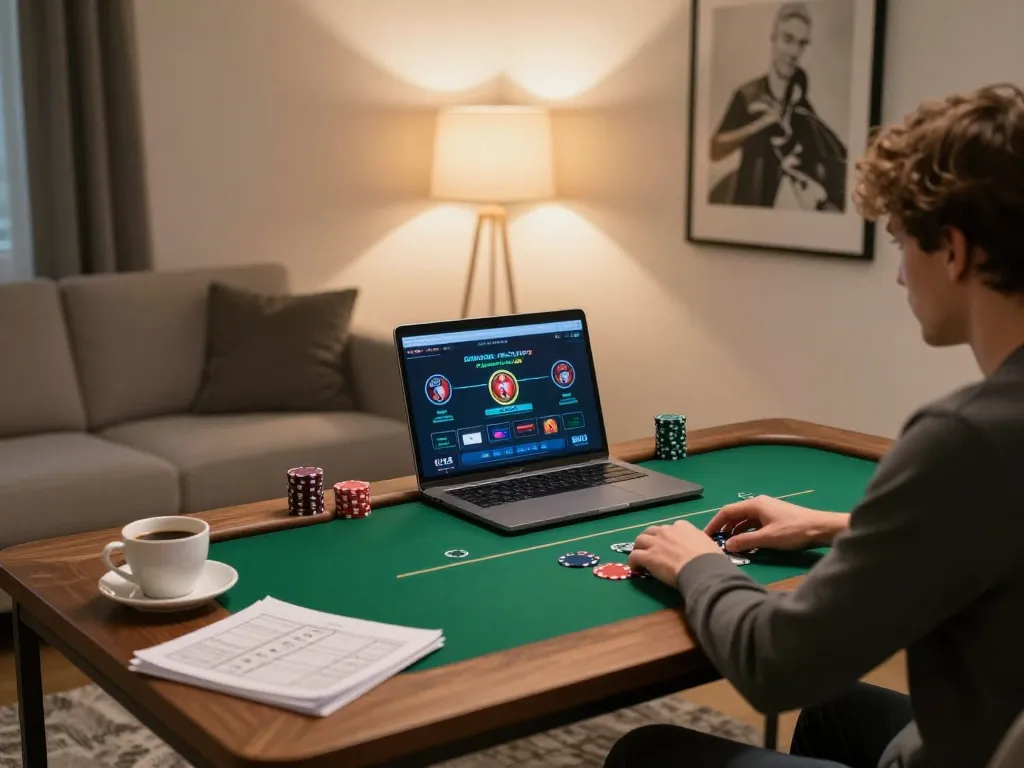Player engaging with go8 online poker game on laptop in a cozy home setting.