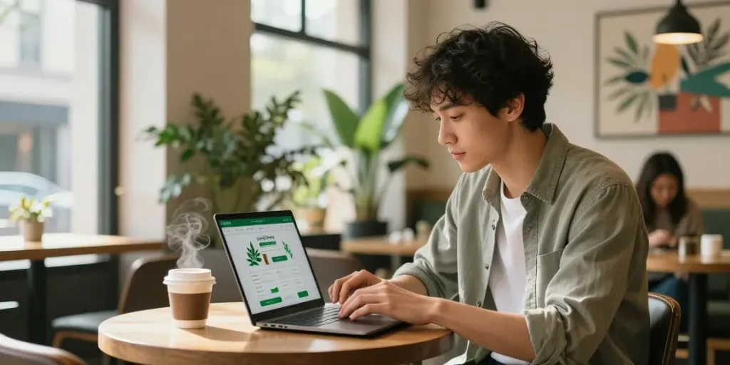 Buy cannabis online UK from a cozy café with a young adult using a laptop.
