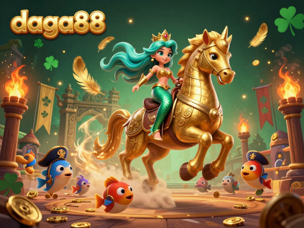 daga88 offers an exciting atmosphere with a mermaid princess riding a seahorse in a dynamic cockfighting arena.