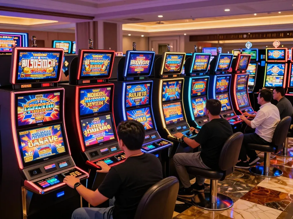 Engaged players celebrate while playing slot machines during a $100 bet challenge.