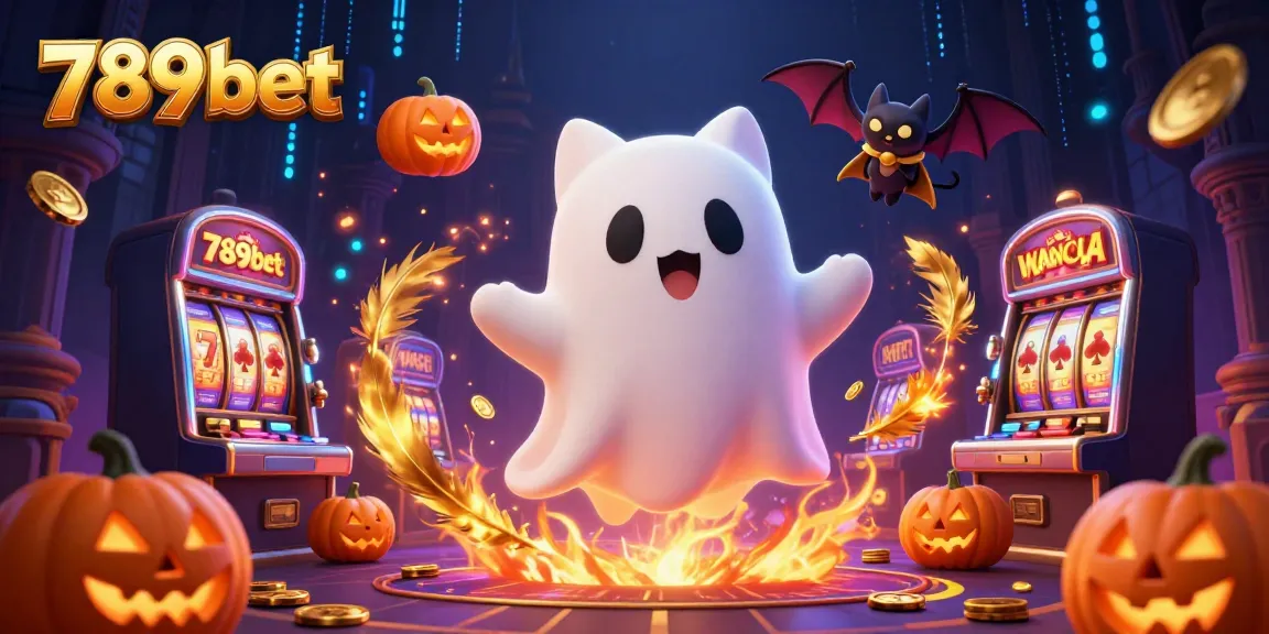 Win exciting casino games at 789bet with a ghost cat and bat companion in a haunted setting.