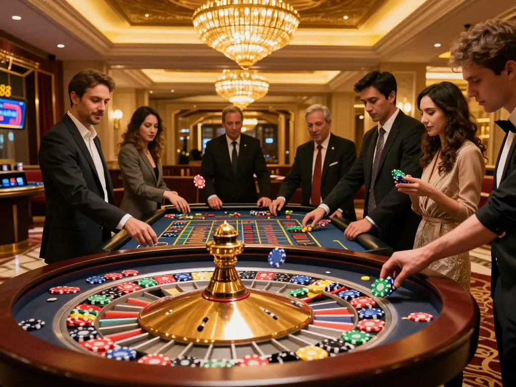 Excited players betting at rr88's roulette table, capturing the thrilling atmosphere of casino gaming.