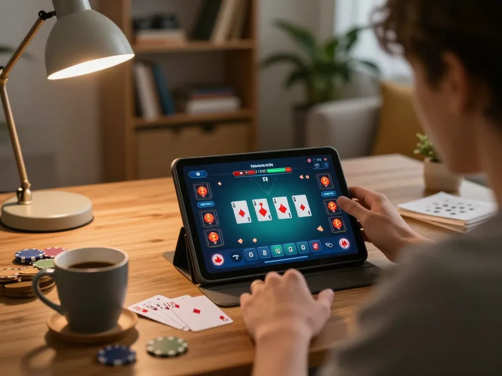 Online gaming experience at nhà cái QQ88 featuring poker action and strategic planning in a cozy setting.