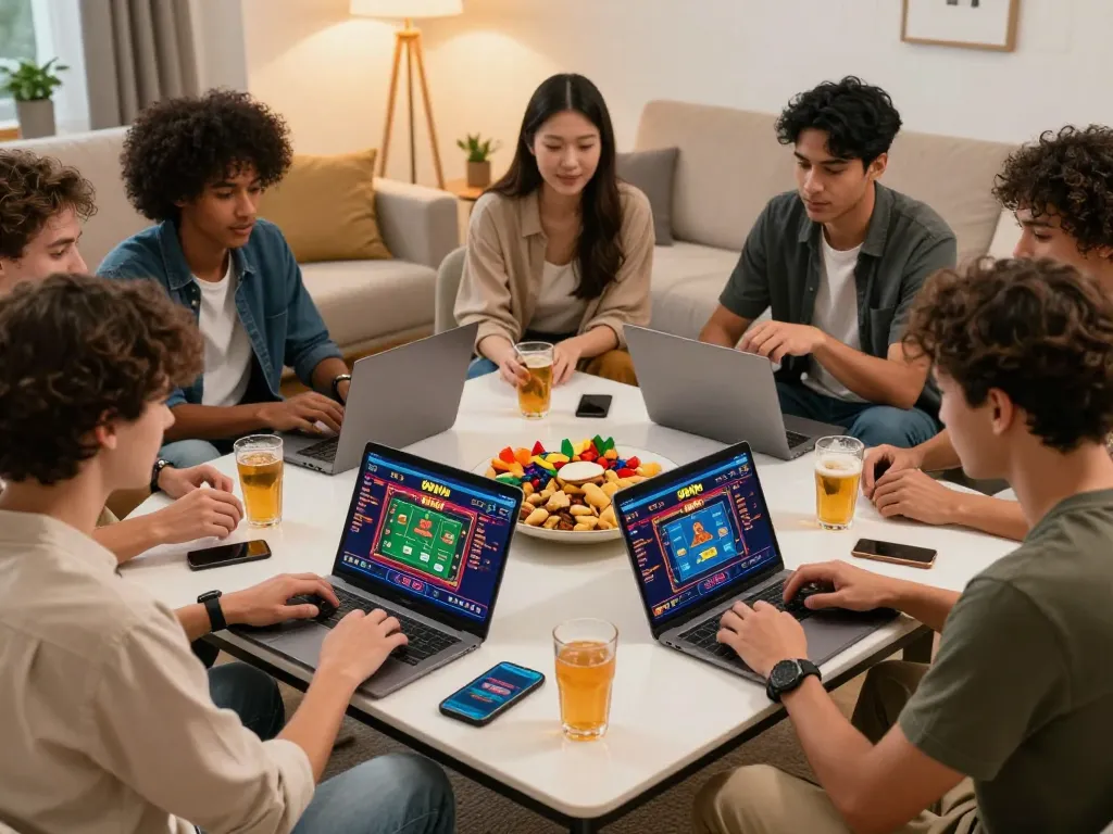 Friends enjoying a thrilling online gaming session with 99win on laptops and smartphones, dynamic atmosphere.