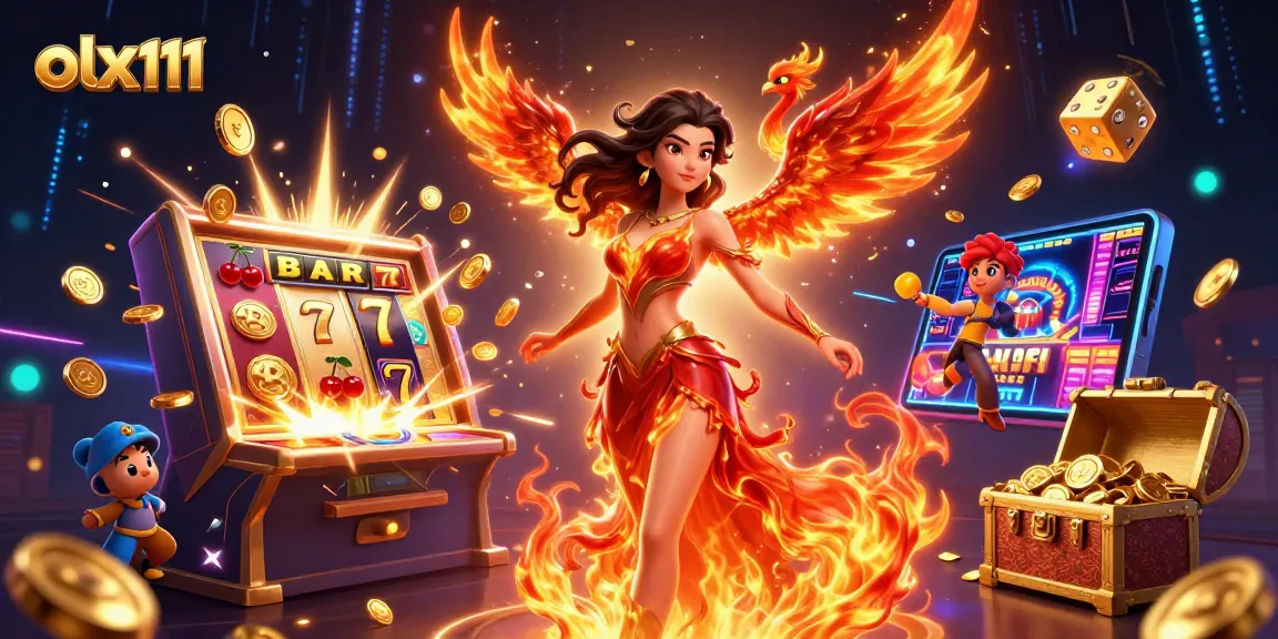 Win big with olx111 in this vibrant slot machine casino scene featuring epic game elements.