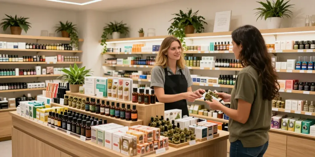 Buy cannabis online UK in a vibrant retail setting with a friendly staff member assisting a customer.