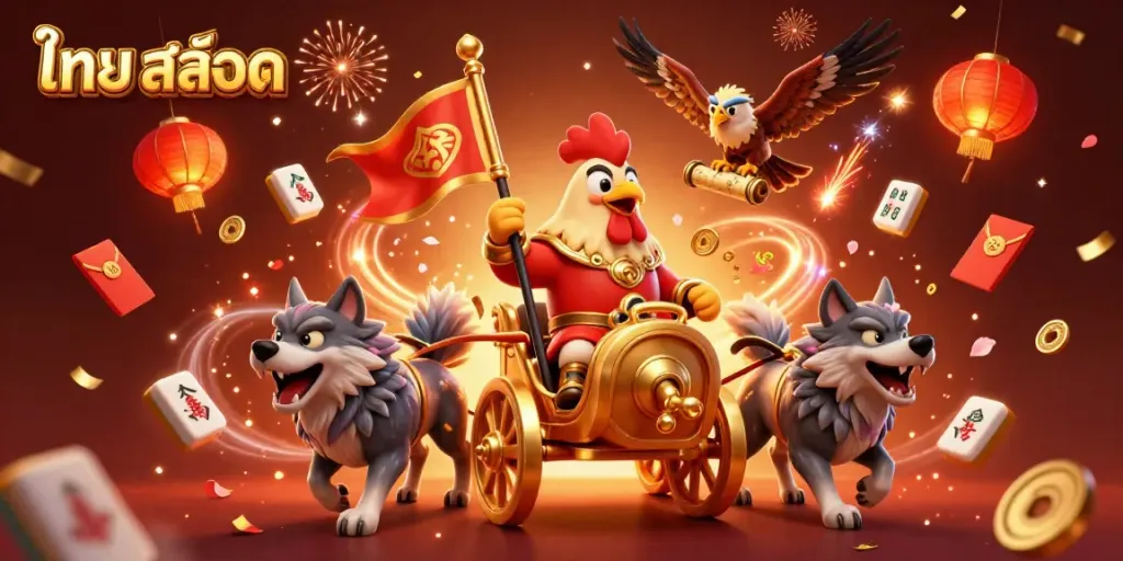 Play exciting ไทย สล็อต with thrilling visuals featuring a rooster warlord on a chariot amidst festive elements.