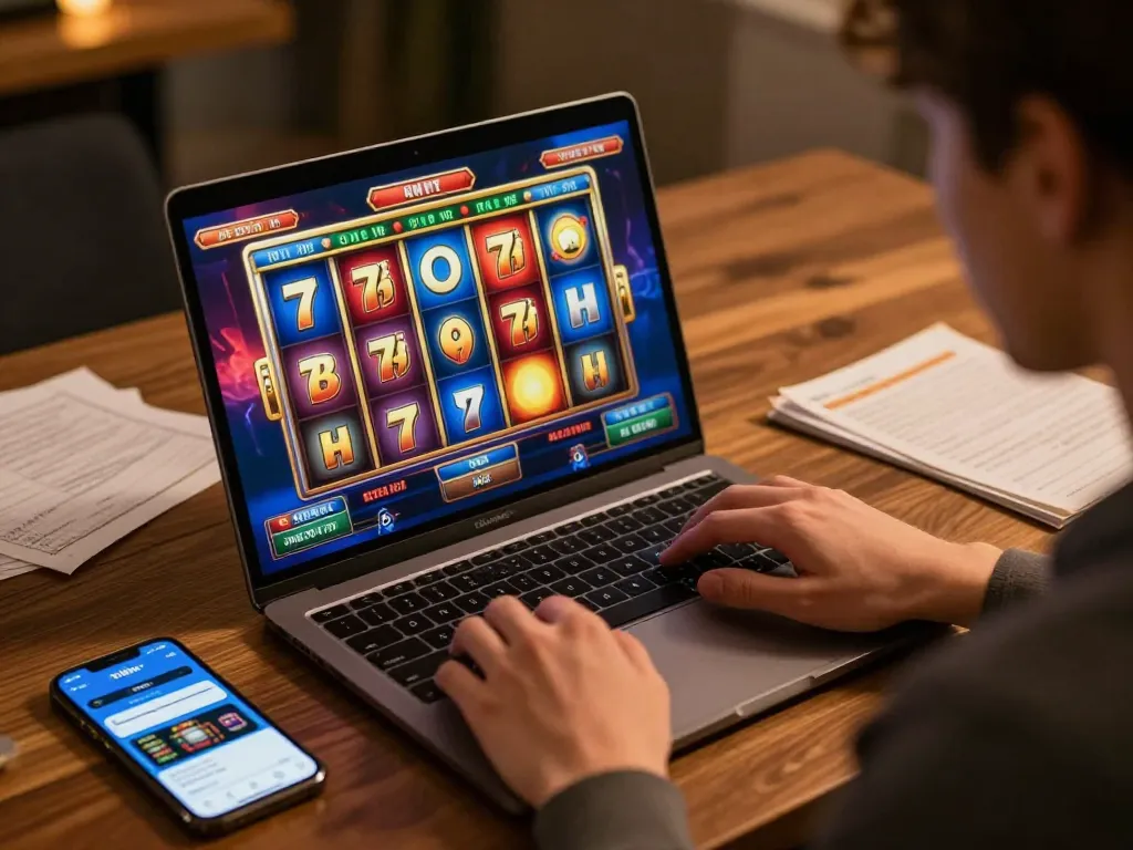 Player enjoying 7hh slots on a laptop in a cozy and focused gaming setup.