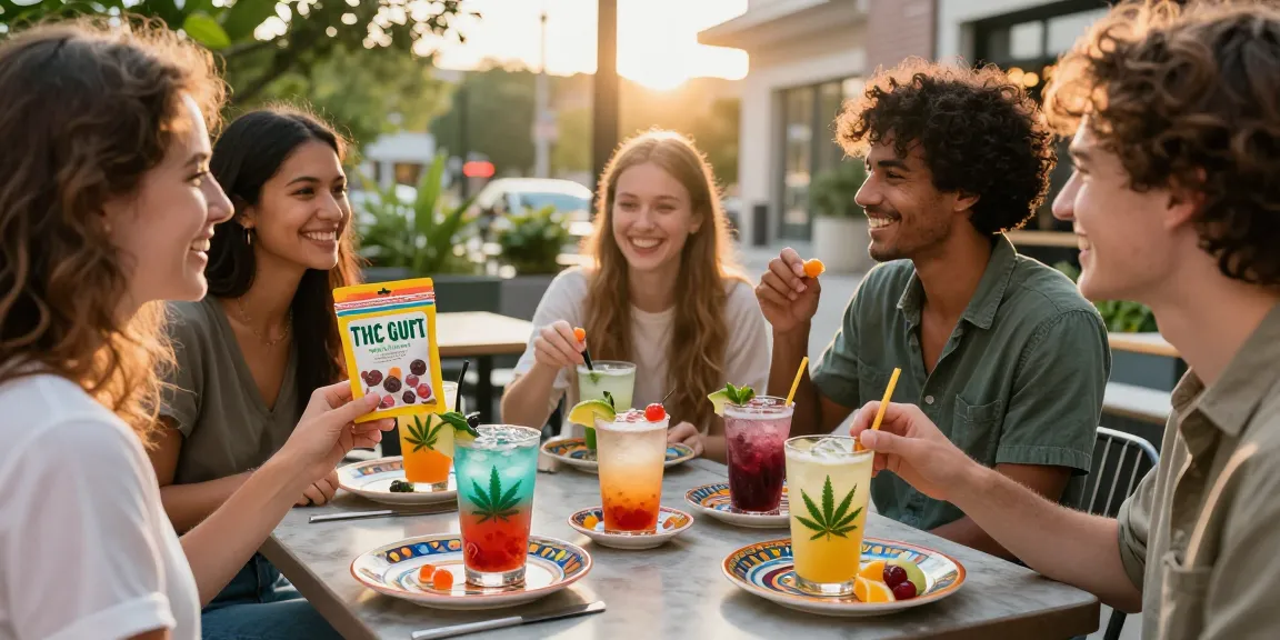 Buy THC gummies online at a cafe where friends enjoy drinks and vibrant gummies together.