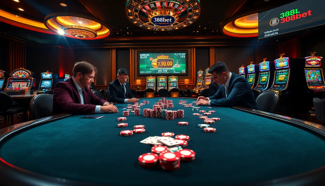 Play poker at a luxurious casino table showcasing 388bet's exciting gambling experience.