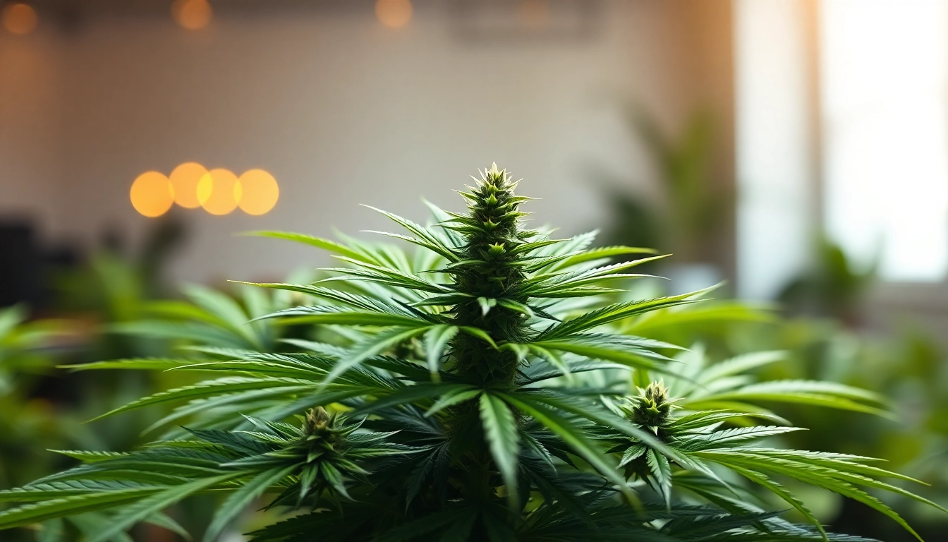 Buy cannabis online with vivid details of a healthy cannabis plant in a serene setting.