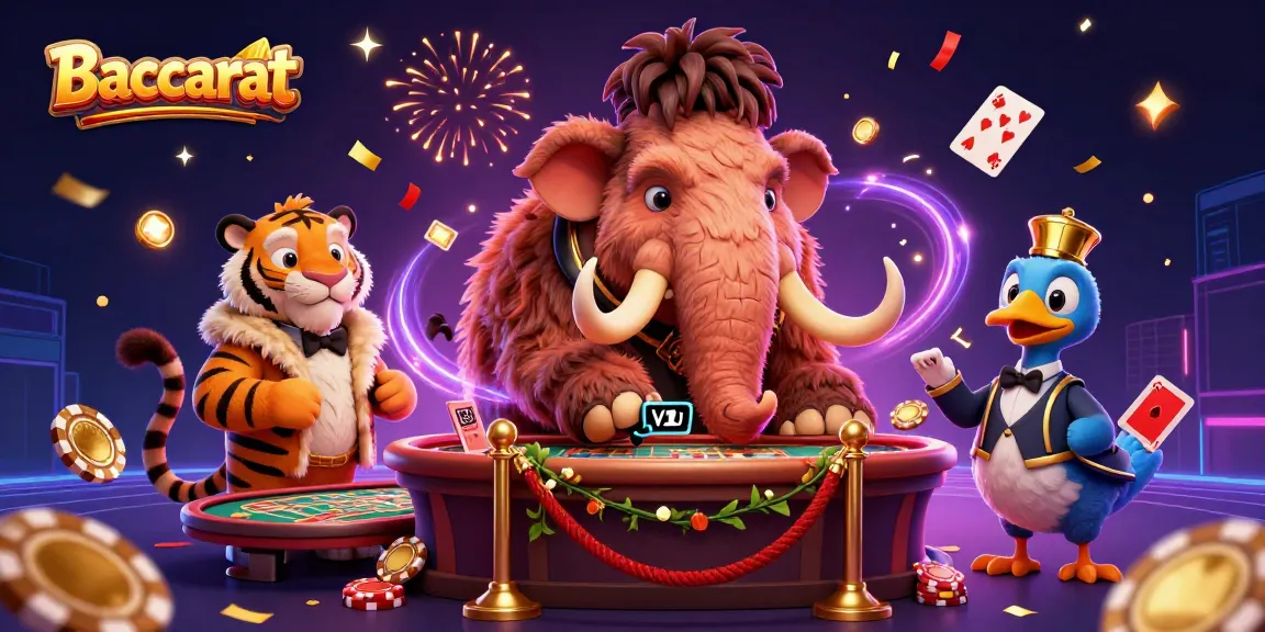 Baccarat scene featuring a whimsical mammoth bouncer checking IDs with a saber-tooth VIP and dodo doorman amid colorful casino elements.