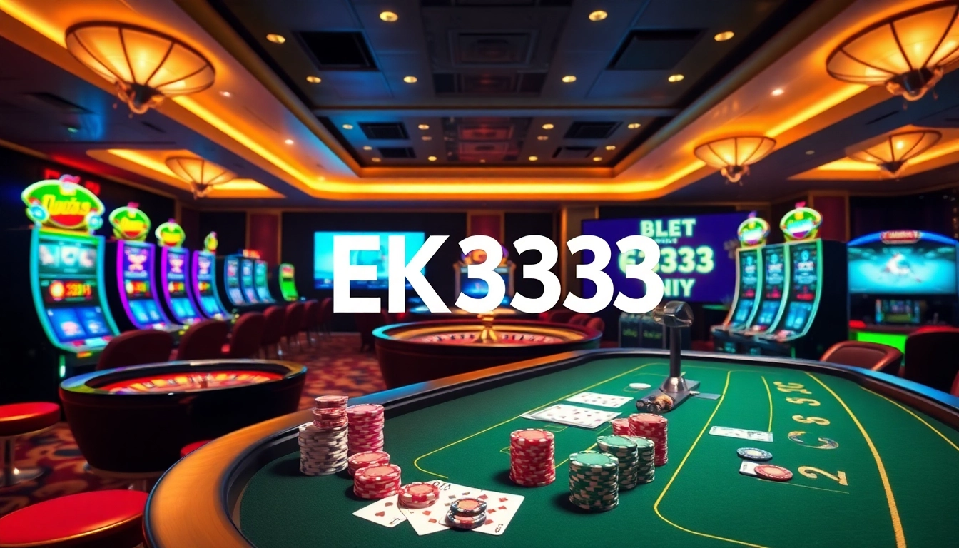 Experience the thrill of gambling at EK333 with vibrant slot machines, poker tables, and a lively casino atmosphere.