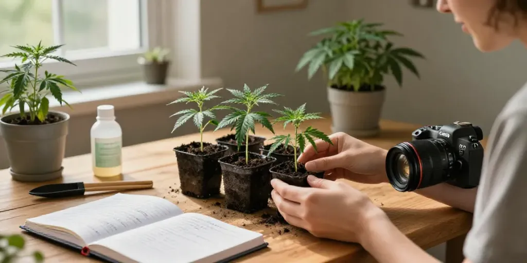 Cannabissamen kaufen und im eigenen Garten anbauen, Saatgut und Töpfe auf Holzoberfläche.