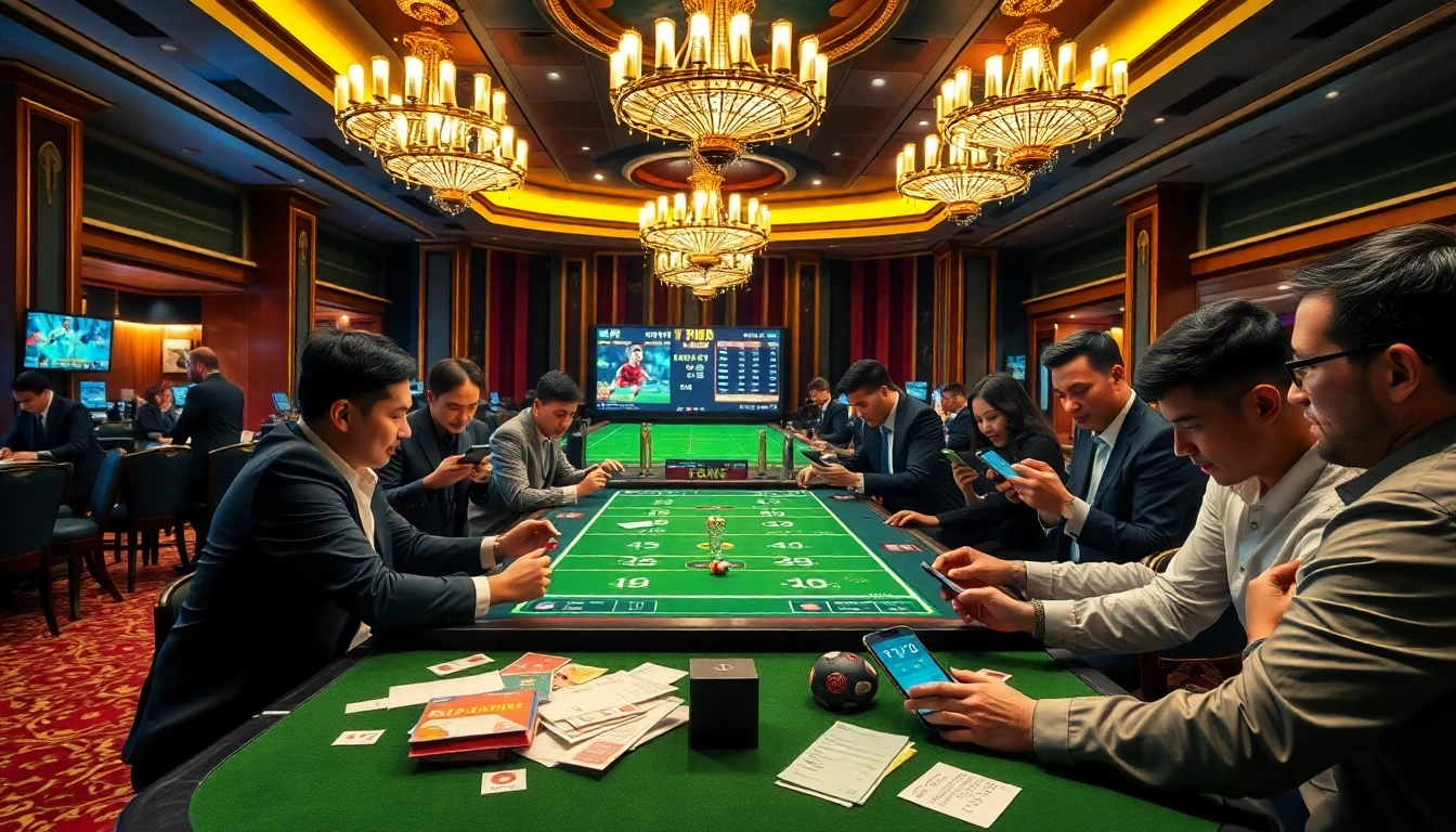 Experience แทงบอล excitement at a vibrant casino sports betting table packed with intense action.