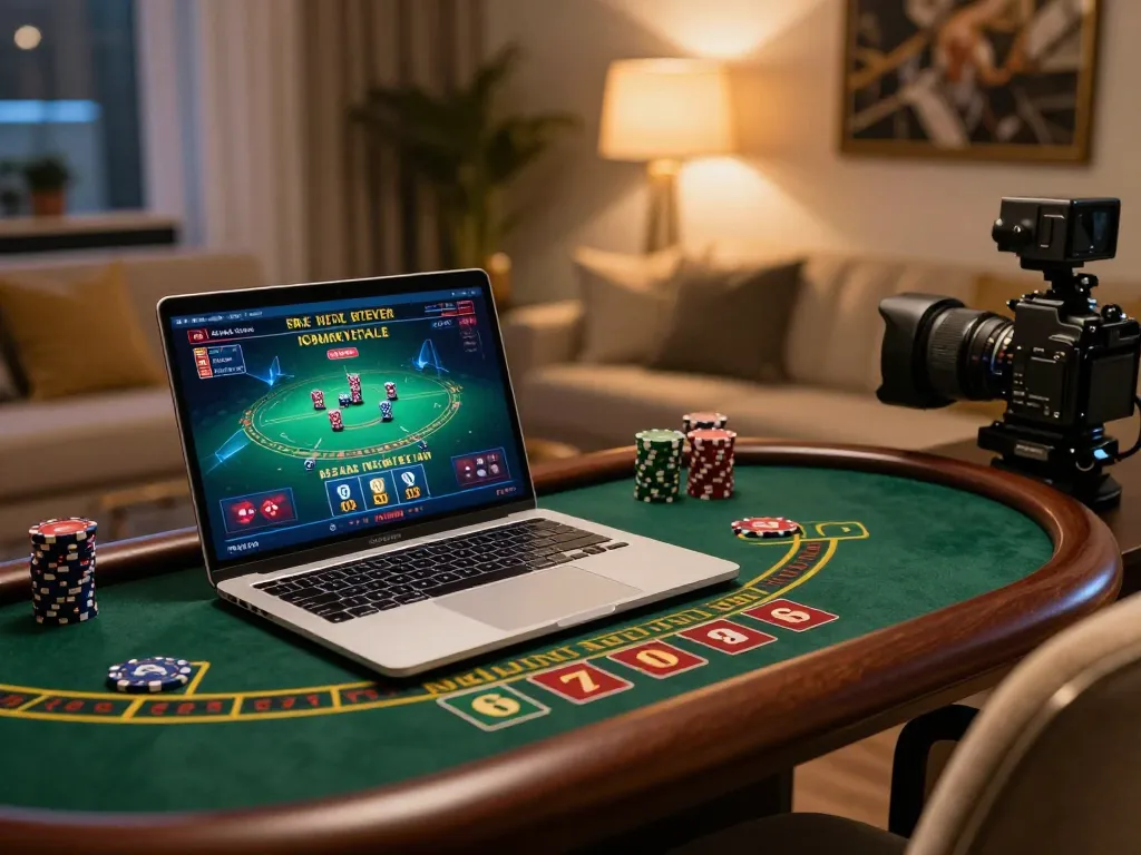 Engaging online blackjack session at home with bj886 on the laptop screen, showcasing strategic gameplay.