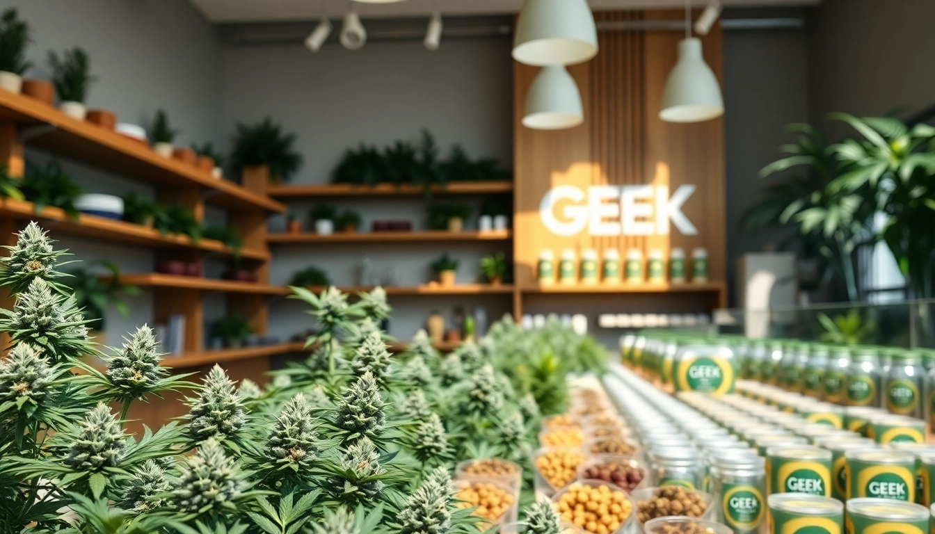 Showcase of GEEK THC cannabis products in a modern dispensary setting.