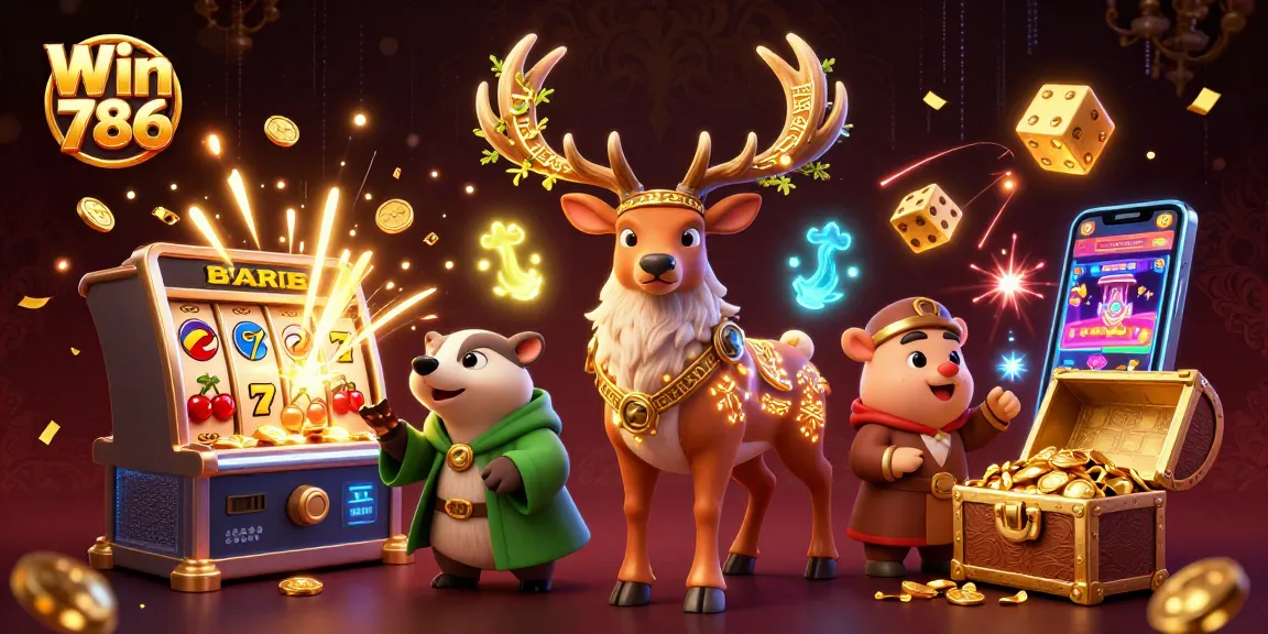 Engage with exciting gameplay at Win 786 featuring stunning 3D scenes of slot machines and casino elements.