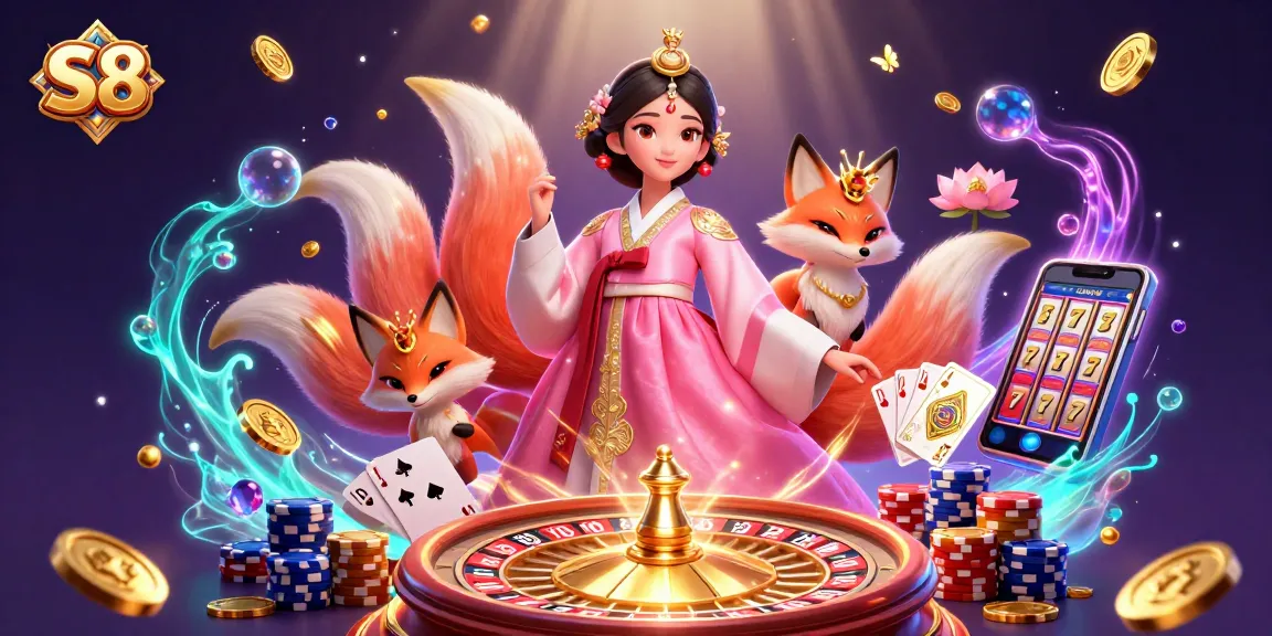 Experience S8's thrilling games with a graceful Asian woman, lucky fox, and vibrant casino elements.
