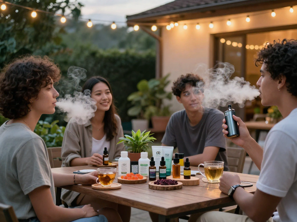 Using a weed vape for natural wellness in a vibrant social setting with organic CBD products.
