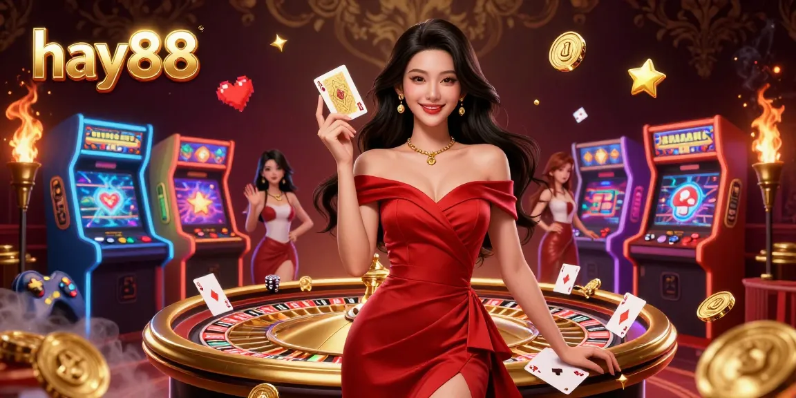 Experience excitement at hay88 with a confident woman holding a golden playing card beside a golden roulette wheel
