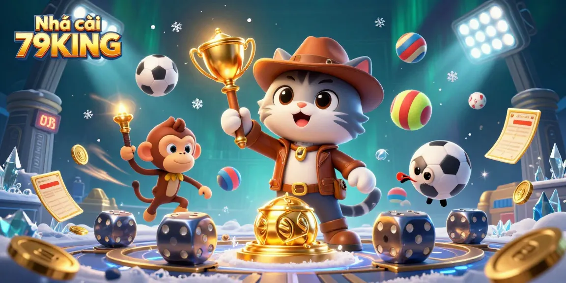 Engage with Nhà cái 79KING showcasing thrilling casino adventures in a vibrant 3D illustration.