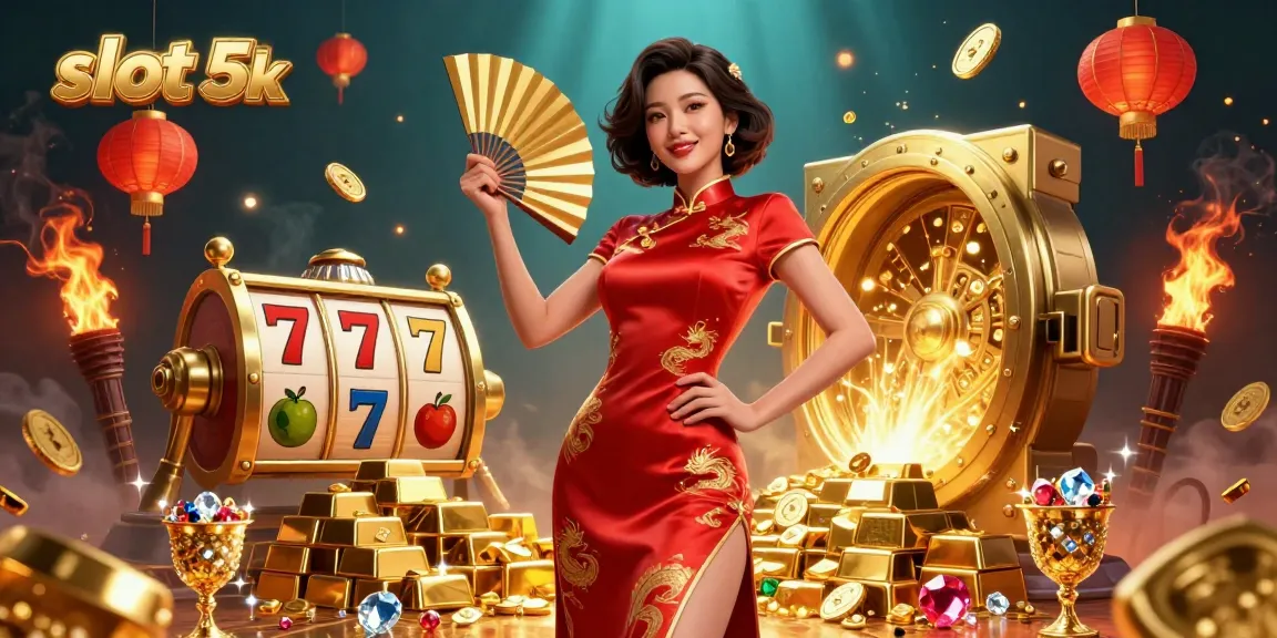 Engage with slot 5k gaming adventures amidst vibrant treasures and a confident character in a rich casino setting.