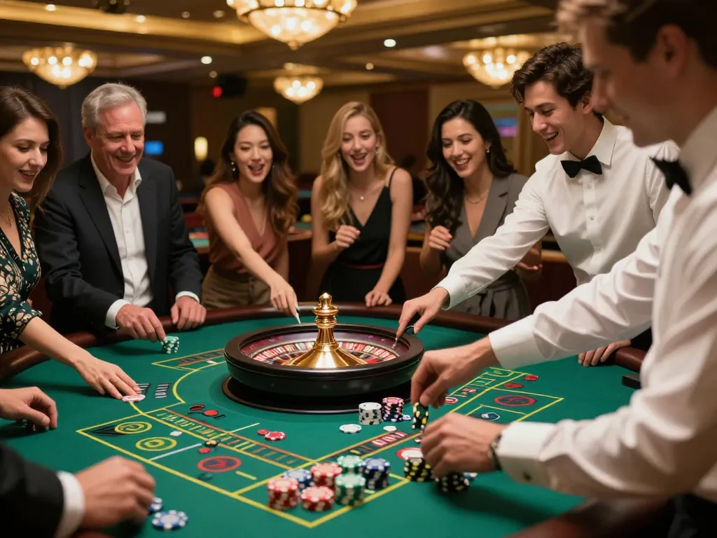 Players enjoying a thrilling roulette game at GG88 casino table, vibrant atmosphere with chips and excitement