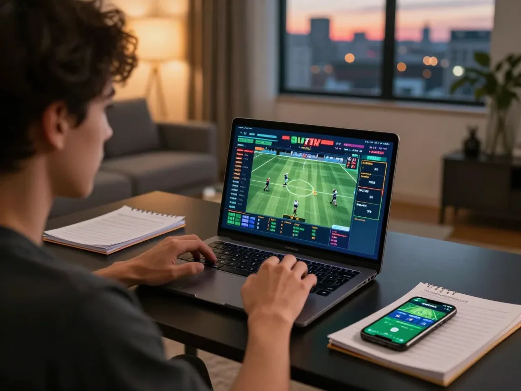 Engaging in online sports betting with 888NEW on a laptop while analyzing odds and strategies